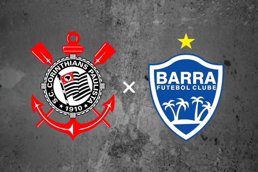 Arte promocional para a partida Corinthians x Barra (14/05/2026). A imagem apresenta os brasões das duas equipes em destaque sobre um fundo escuro com textura de cimento. O escudo alvinegro do Corinthians e o escudo azul e branco do Barra FC estão dispostos horizontalmente para anunciar o evento esportivo.