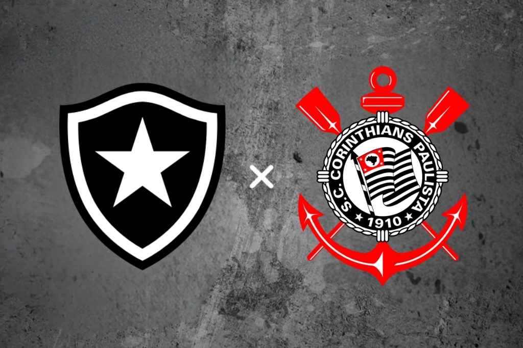 Imagem com os escudos de Botafogo e Corinthians centralizados sobre fundo escuro, representando Botafogo x Corinthians (17/05/2026)