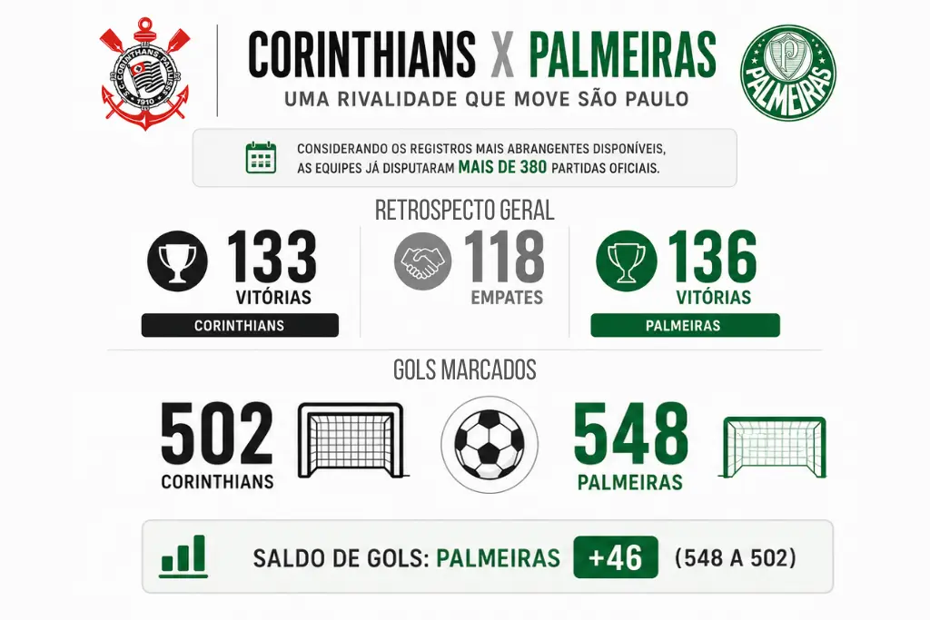 Infográfico apresenta retrospecto do clássico entre Corinthians e Palmeiras com número de vitórias, empates e gols marcados em mais de 380 partidas oficiais disputadas.