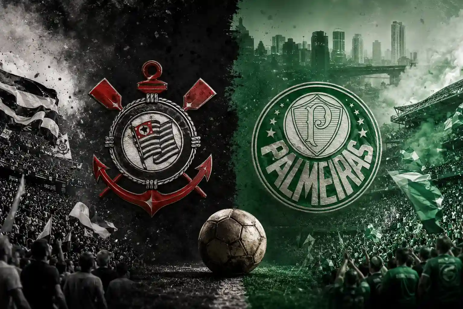 Montagem artística mostra os escudos de Corinthians e Palmeiras divididos ao centro, com torcidas lotando os estádios em preto e branco e verde, fumaça nas arquibancadas e uma bola de futebol em destaque no gramado.