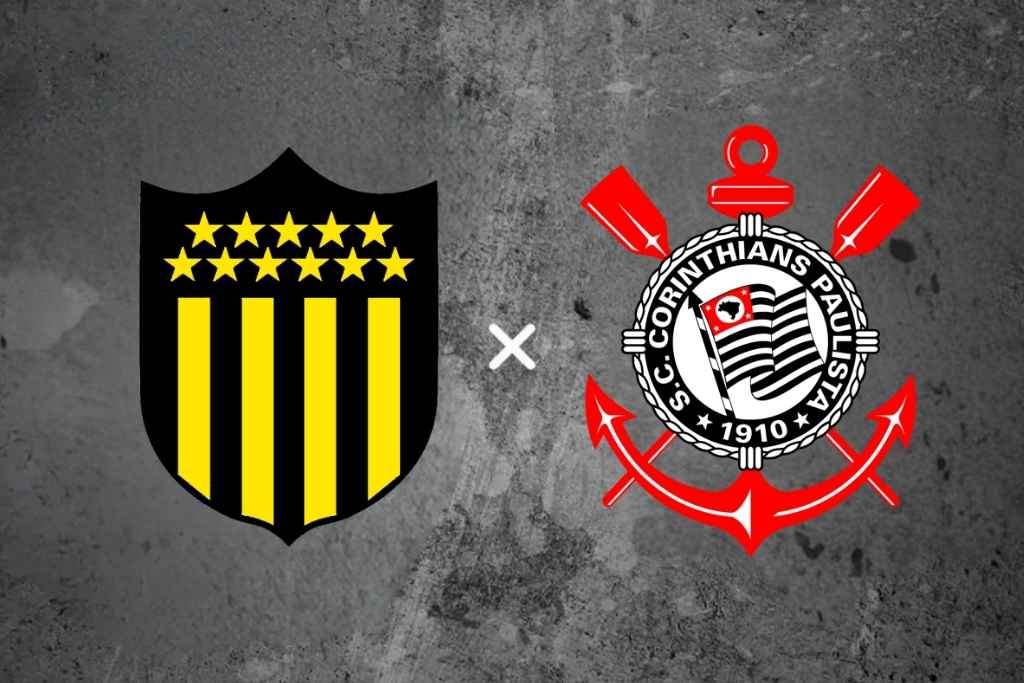 Imagem de divulgação do confronto Peñarol x Corinthians (21/05/2026). À esquerda, o escudo do Peñarol e, à direita, o escudo do Sport Club Corinthians Paulista. Ambos os símbolos estão centralizados sobre um fundo de concreto cinza texturizado, separados por um "X" branco.