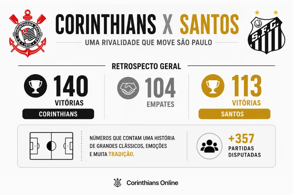 Infográfico comparativo da história de Corinthians e Santos com escudos dos clubes e números do clássico, incluindo vitórias, empates e total de partidas.