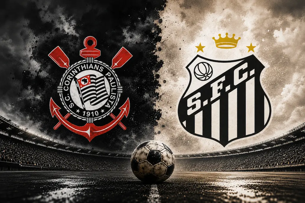 Arte esportiva representando a história de Corinthians e Santos com os escudos do Corinthians e do Santos destacados sobre um campo molhado, com uma bola de futebol ao meio.