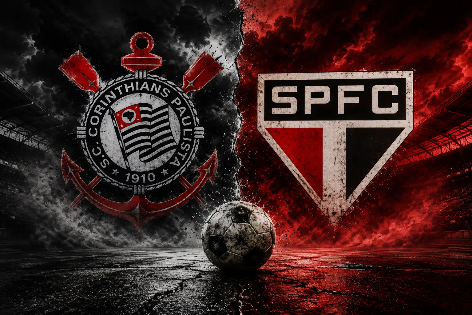 Ilustração sobre a história de Corinthians e São Paulo mostrando os escudos oficiais dos clubes em lados opostos de um estádio, com bola de futebol ao centro e atmosfera dramática em preto, branco e vermelho.