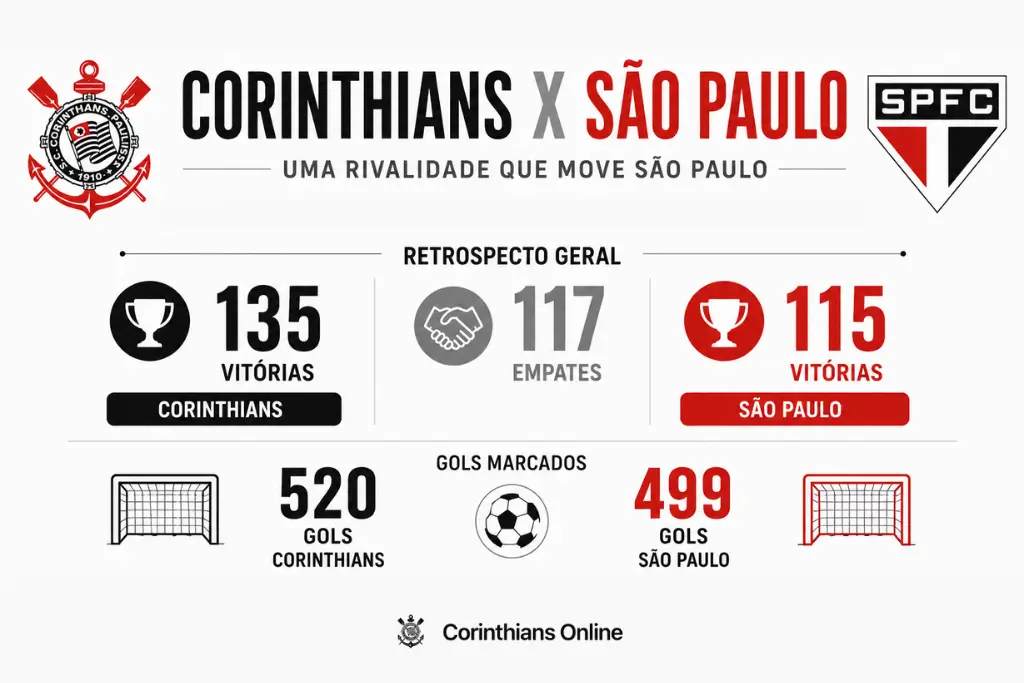 Infográfico sobre a história de Corinthians e São Paulo mostrando o retrospecto do clássico paulista desde 1930, com destaque para número de vitórias, empates e gols marcados por cada equipe. A arte apresenta os escudos dos clubes, dados comparativos do confronto e design clean em preto, branco e vermelho.