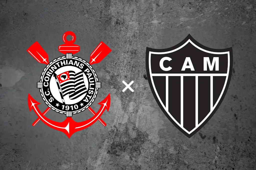 Imagem com fundo cinza claro de textura rústica de cimento. No lado esquerdo, visualiza-se o brasão tradicional do Corinthians com seus detalhes em vermelho, preto e branco incluindo os remos e a âncora. No centro da composição, há uma letra X minúscula na cor branca para indicar o confronto esportivo. No lado direito, encontra-se o escudo do Atlético-MG com suas listras verticais pretas e brancas e as letras CAM no topo. O design ilustra a divulgação de Corinthians x Atlético-MG (24/05).