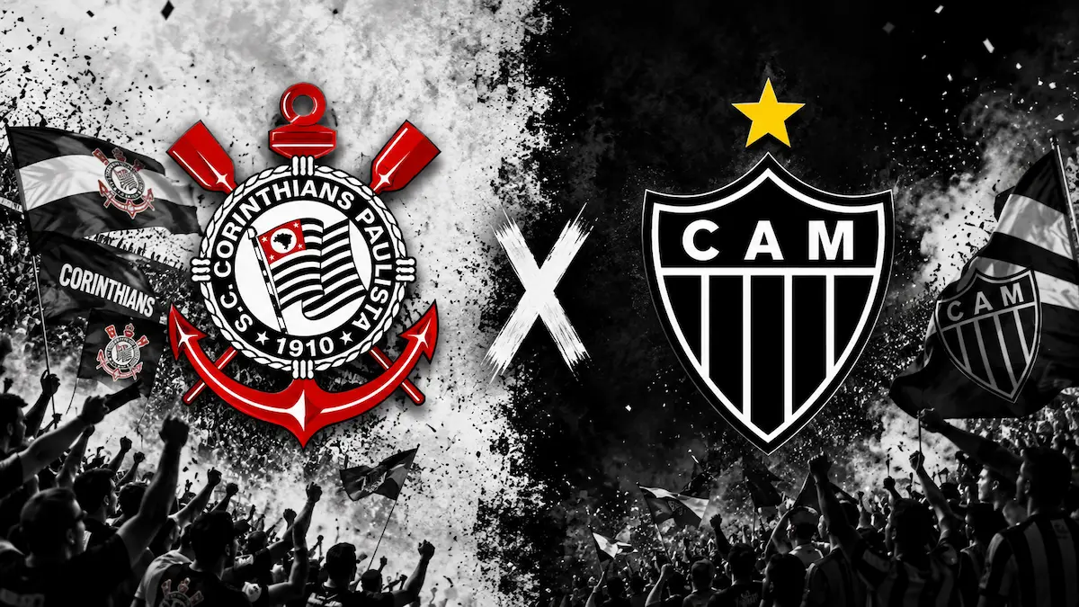 Arte digital sobre as classificações de Corinthians x Atlético-MG com os escudos dos clubes em destaque no centro, fundo preto e branco dividido entre as torcidas, fumaça e bandeiras nas arquibancadas, criando clima de clássico do futebol brasileiro em formato widescreen.