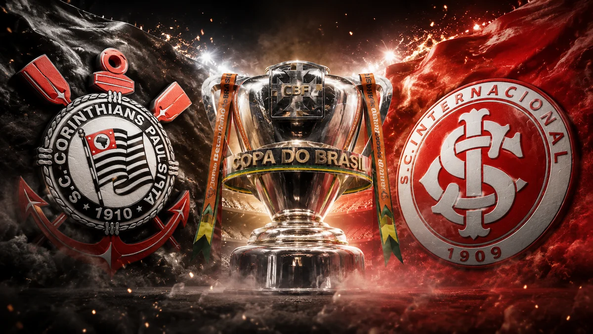 Imagem digital em formato retangular que antecipa o confronto o Internacional como adversário do Corinthians nas oitavas de final da Copa do Brasil. À esquerda, destaca-se a bandeira preta e branca tremulando com o escudo oficial do Sport Club Corinthians Paulista em relevo detalhado. À direita, a bandeira vermelha exibe o escudo do Sport Club Internacional de 1909. No centro da composição, ao fundo, ergue-se a taça dourada de campeão do torneio nacional.