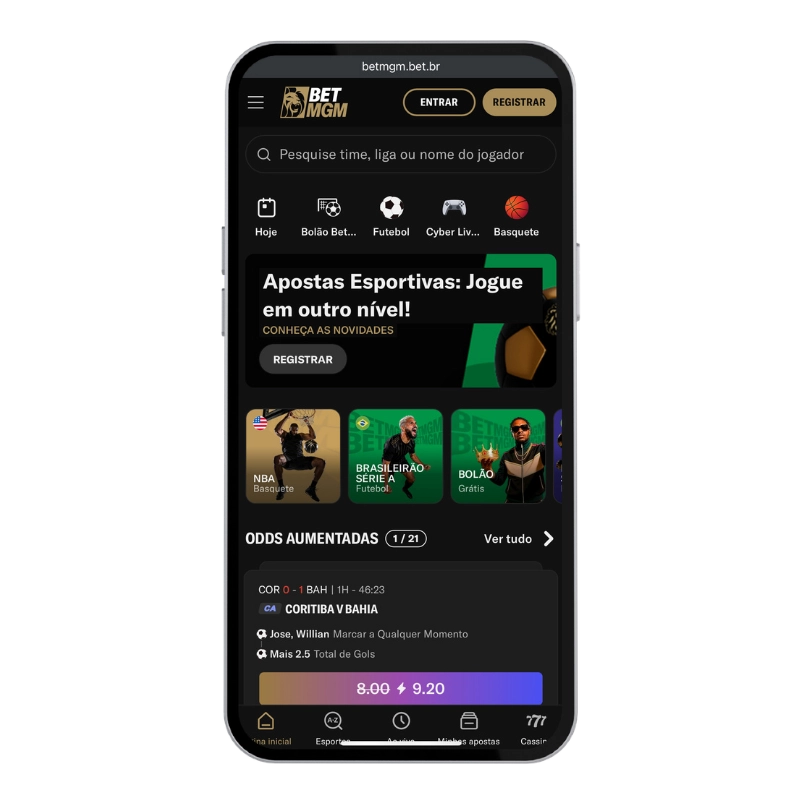 Tela de smartphone exibindo a interface da BetMGM com destaque para apostas esportivas, odds aumentadas e eventos de futebol, ilustrando uma das Melhores casas de apostas do Brasil em ambiente mobile com design escuro e detalhes em dourado e verde.