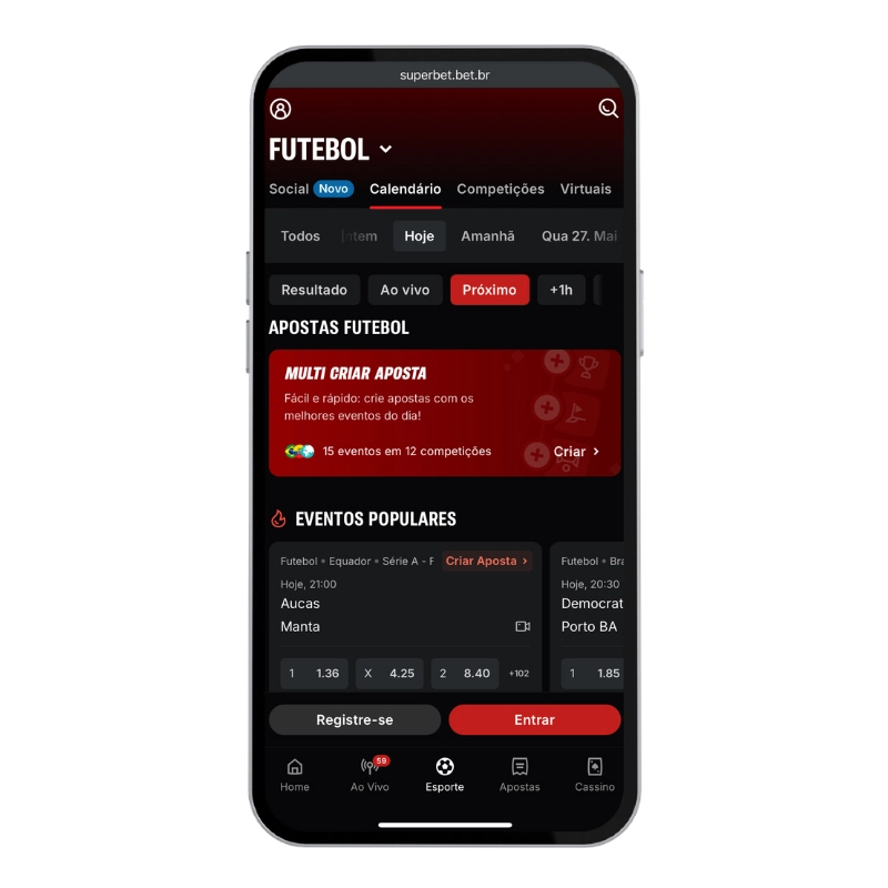 Smartphone mostrando a plataforma da Superbet na seção de futebol, com calendário de partidas, eventos populares e opção de criar apostas múltiplas, representando uma das Melhores casas de apostas do Brasil para apostas esportivas online.