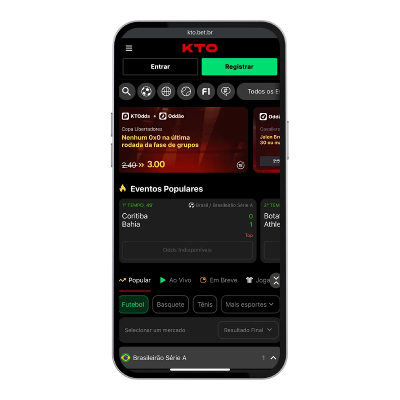 Smartphone exibindo a plataforma KTO com partidas ao vivo, eventos populares e opções de apostas esportivas em interface escura com detalhes em verde, representando uma das Melhores casas de apostas do Brasil para apostas em futebol.