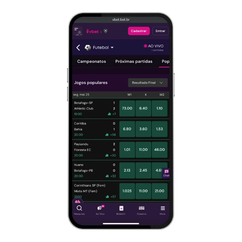 Tela mobile da VBet exibindo jogos populares de futebol, odds para diferentes resultados e partidas ao vivo em destaque, representando uma das Melhores casas de apostas do Brasil para quem busca apostas esportivas em tempo real.