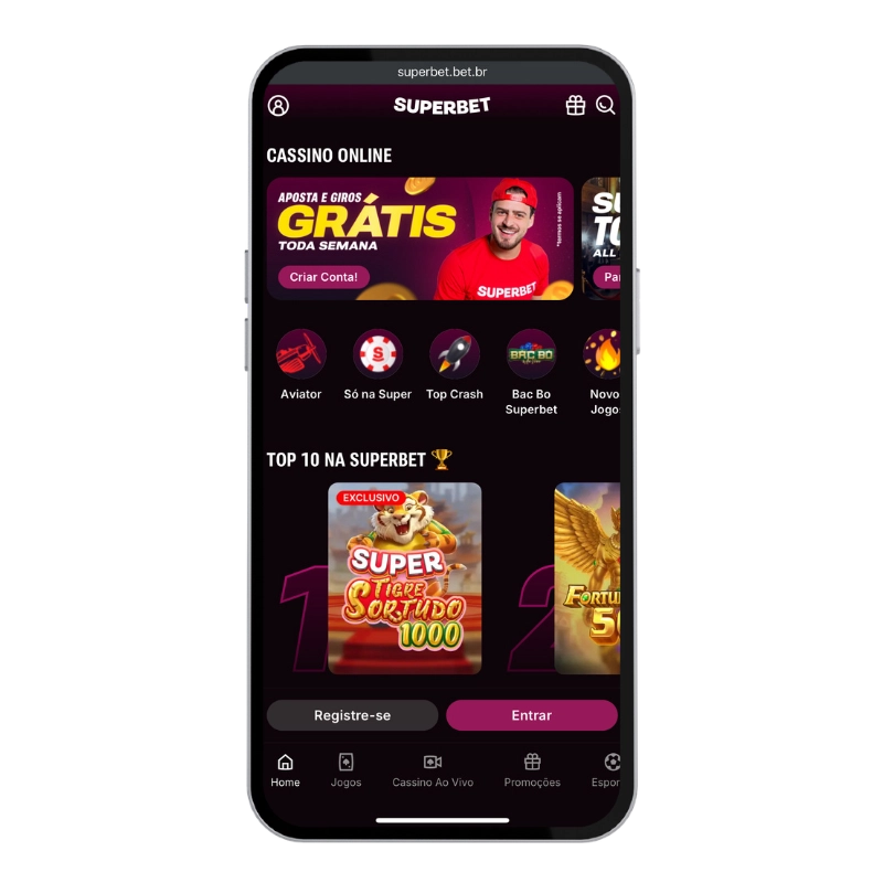 Interface do cassino online da Superbet em um smartphone, com banner promocional em tons de rosa e roxo, além de jogos populares como Super Tigre Sortudo e Aviator, destacando a experiência das Melhores casas de apostas do Brasil para dispositivos móveis.