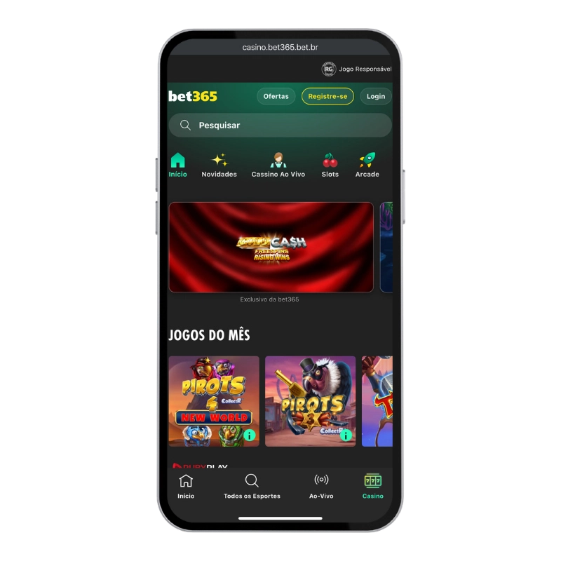 Interface de cassino da bet365 aberto em um smartphone, com layout em verde e preto, menu de cassino ao vivo, slots e jogos do mês, ilustrando uma das Melhores casas de apostas do Brasil no segmento mobile.