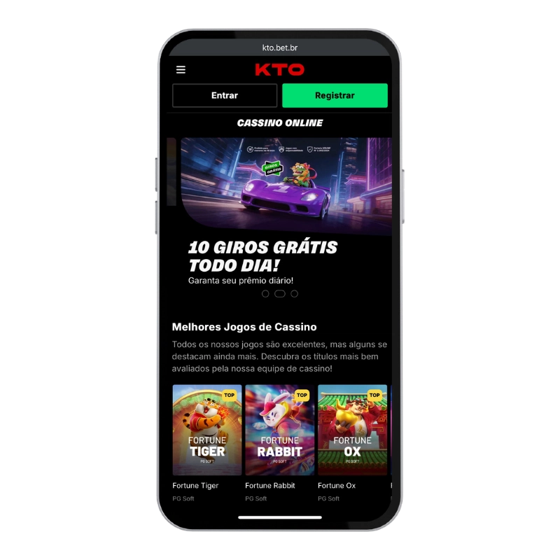 Interface do cassino online da KTO mostrada em smartphone com fundo preto e detalhes verdes, incluindo promoção de giros grátis e jogos como Fortune Tiger e Fortune Rabbit, associada às Melhores casas de apostas do Brasil.