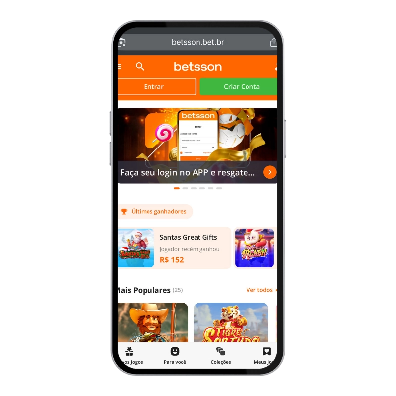 Interface de cassino da Betsson aberto em smartphone, com layout laranja e branco, banners promocionais e seção de jogos populares, retratando uma das Melhores casas de apostas do Brasil para cassino online.