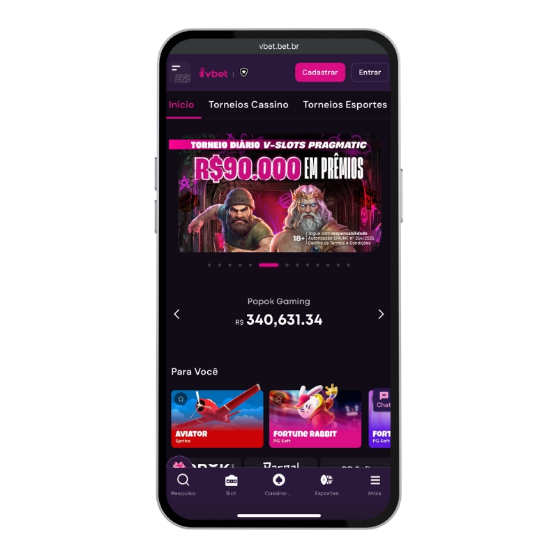 Tela do cassino online da Vbet em smartphone com identidade visual roxa e rosa, apresentando torneios de slots, jogos Aviator e Fortune Rabbit, em um exemplo de interface das Melhores casas de apostas do Brasil.
