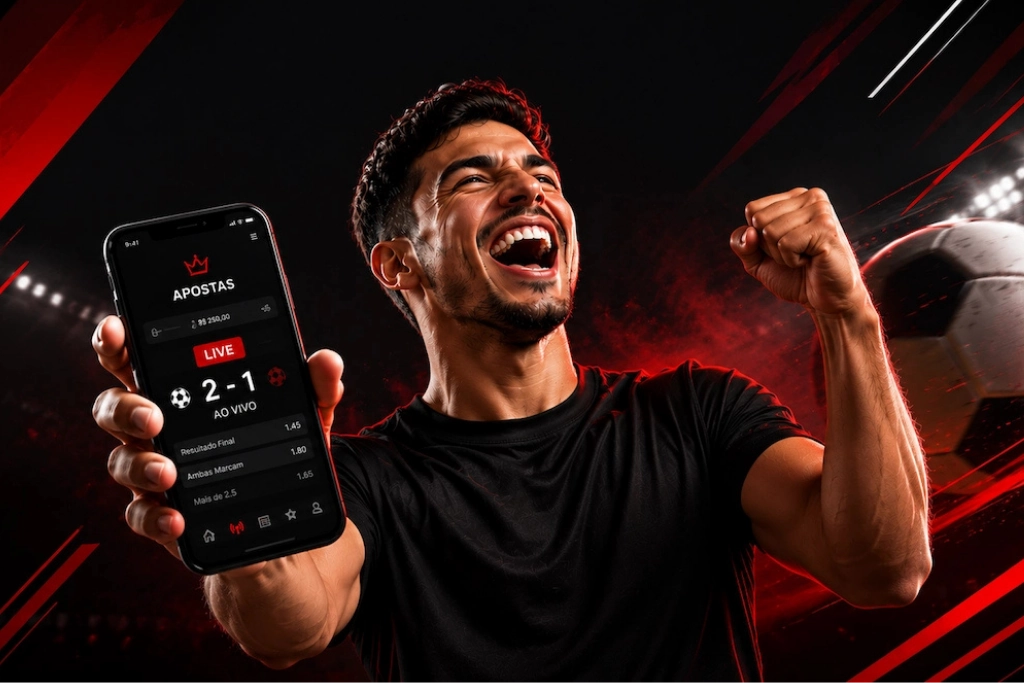 Homem sorrindo e comemorando uma aposta esportiva enquanto segura um smartphone com aplicativo de apostas ao vivo exibindo placar de futebol, em um fundo preto e vermelho com bola de futebol desfocada, ilustrando o universo das Melhores casas de apostas do Brasil.