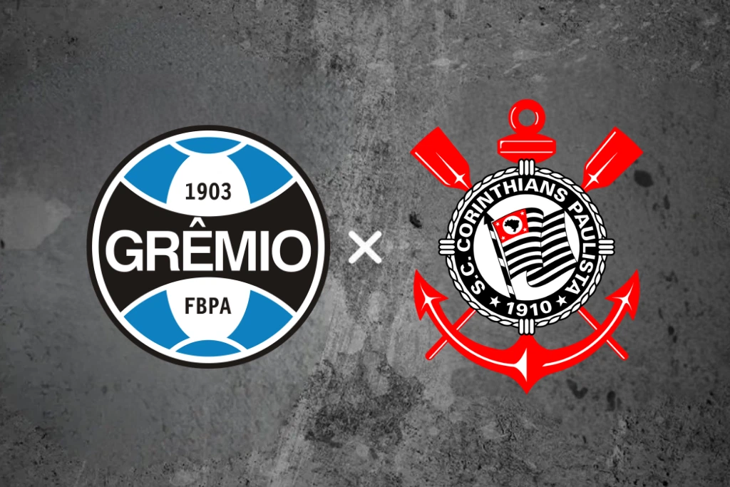 Banner digital de divulgação para a partida Grêmio x Corinthians (30/05/2026). A arte apresenta um fundo texturizado em tons de cinza escuro, simulando uma parede de cimento. No centro e posicionados lado a lado, estão o escudo preto, azul e branco do Grêmio e o clássico escudo alvinegro com detalhes vermelhos do Corinthians, indicando o embate entre as equipes com uma letra "x" minimalista entre os emblemas.