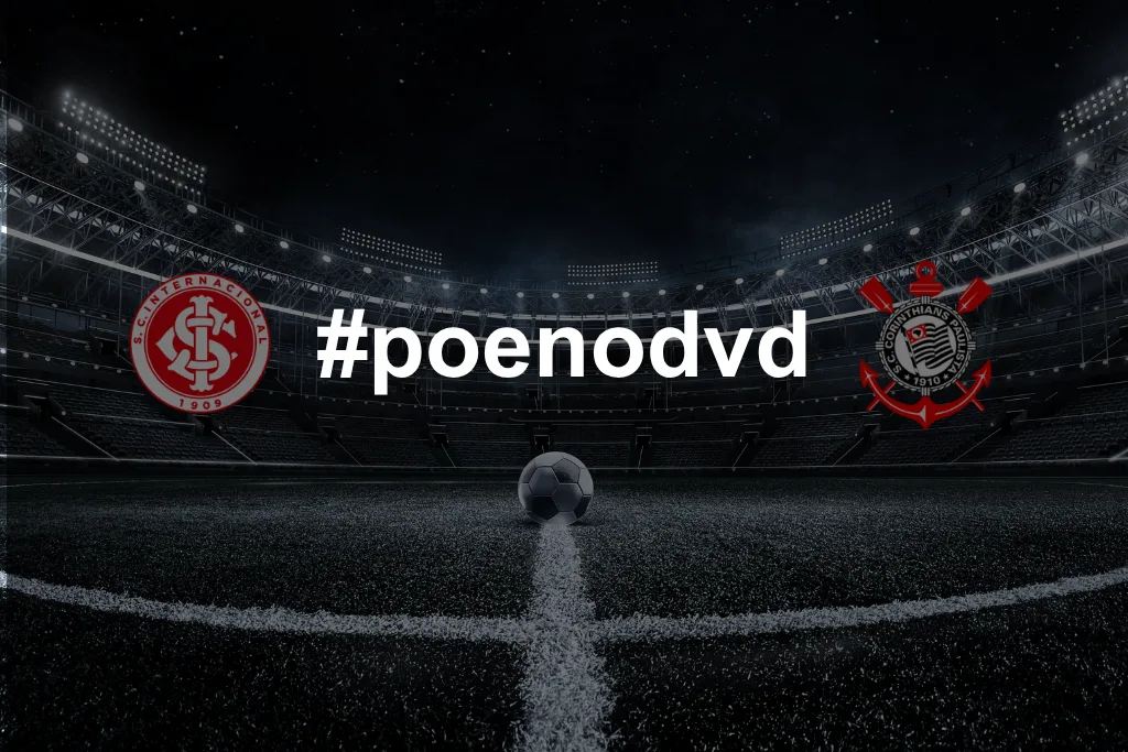 Arte digital contextualizando o episódio do DVD do Corinthians. A imagem exibe o centro de um gramado de estádio à noite com uma bola de futebol e a hashtag "#poenodvd" em letras brancas. O logotipo do Internacional aparece à esquerda e o do Corinthians à direita.