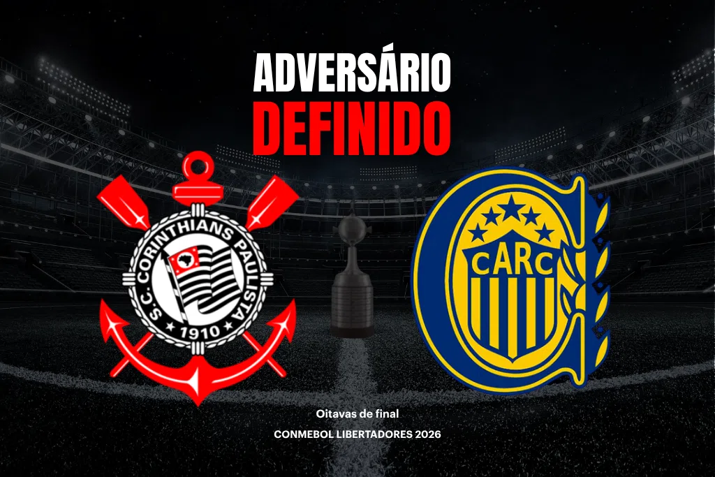 Banner digital com os dizeres "ADVERSÁRIO DEFINIDO" em destaque no topo. A imagem ilustra o confronto Corinthians x Rosario Central nas oitavas de final da Libertadores 2026, exibindo os escudos de ambos os clubes e o troféu da competição em um estádio lotado.
