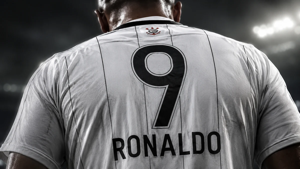 Close-up dramático de jogador de futebol visto de costas, vestindo camisa branca do Corinthians com listras pretas finas, número 9 e nome Ronaldo em destaque, sob luz intensa de estádio.