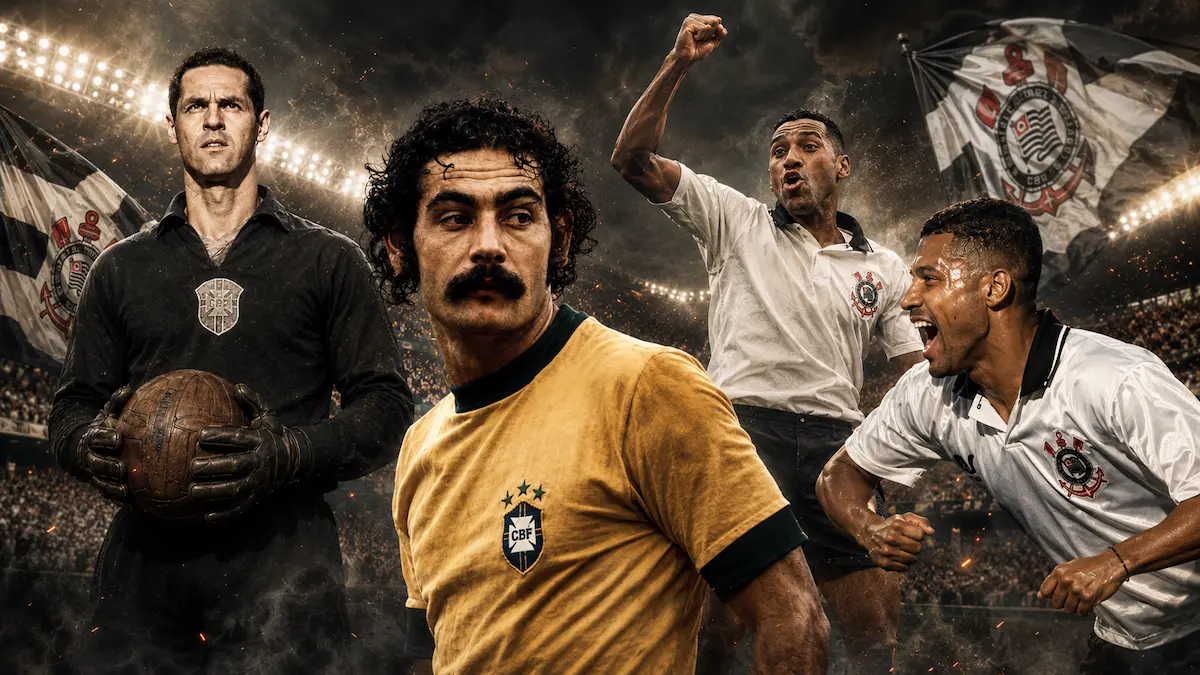 Gylmar, Rivellino, Viola e Vampeta representados em montagem dramática sobre ídolos do Corinthians em Copas do Mundo, com estádio lotado e bandeiras alvinegras ao fundo.
