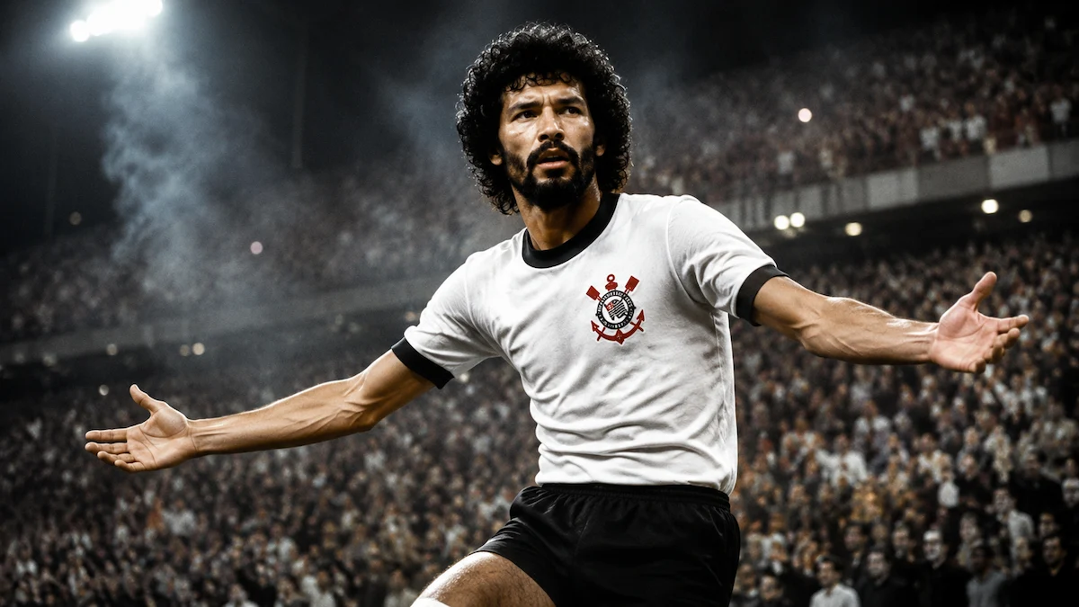 Sócrates com a camisa do Corinthians em pose dramática dentro de estádio lotado, representando um dos maiores ídolos da história alvinegra.