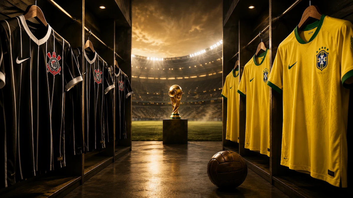 Camisas do Corinthians e da Seleção Brasileira em túnel de estádio, com taça ao centro e bola de futebol no chão.