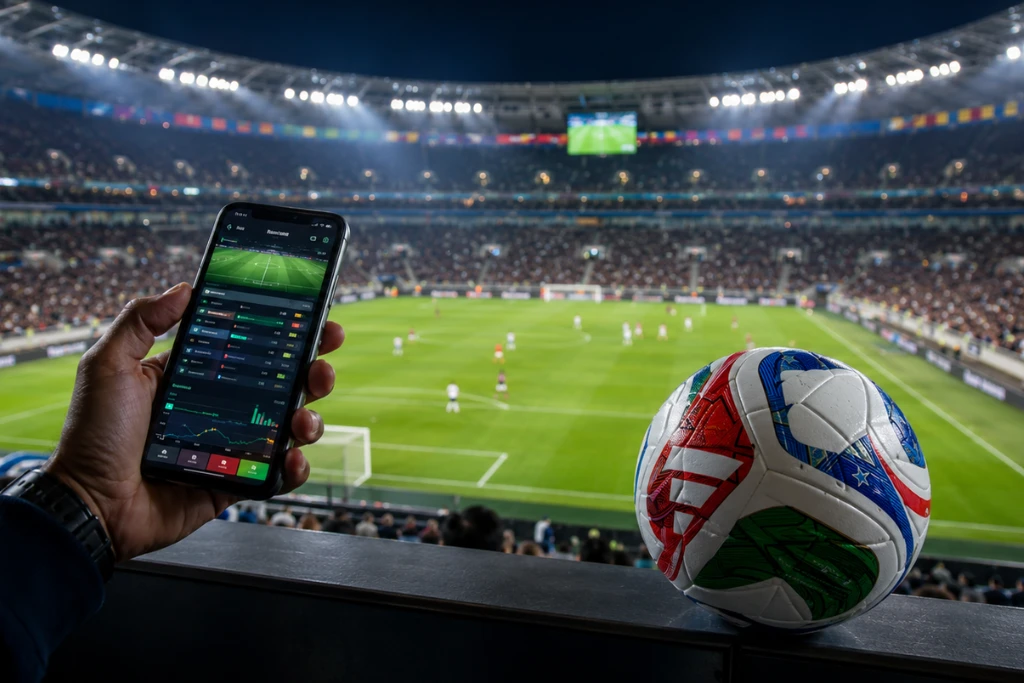 Imagem temática sobre apostas Copa do Mundo 2026. Pessoa segura em celular durante partida em estádio lotado, com bola inspirada na Trionda em destaque e clima de grande evento internacional.