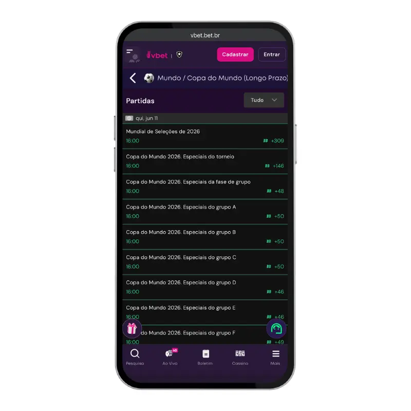 Captura de tela do aplicativo Vbet em um smartphone, exibindo o menu de partidas de longo prazo e mercados especiais por grupos para as Apostas Copa do Mundo 2026, com uma interface em tons de roxo e verde.