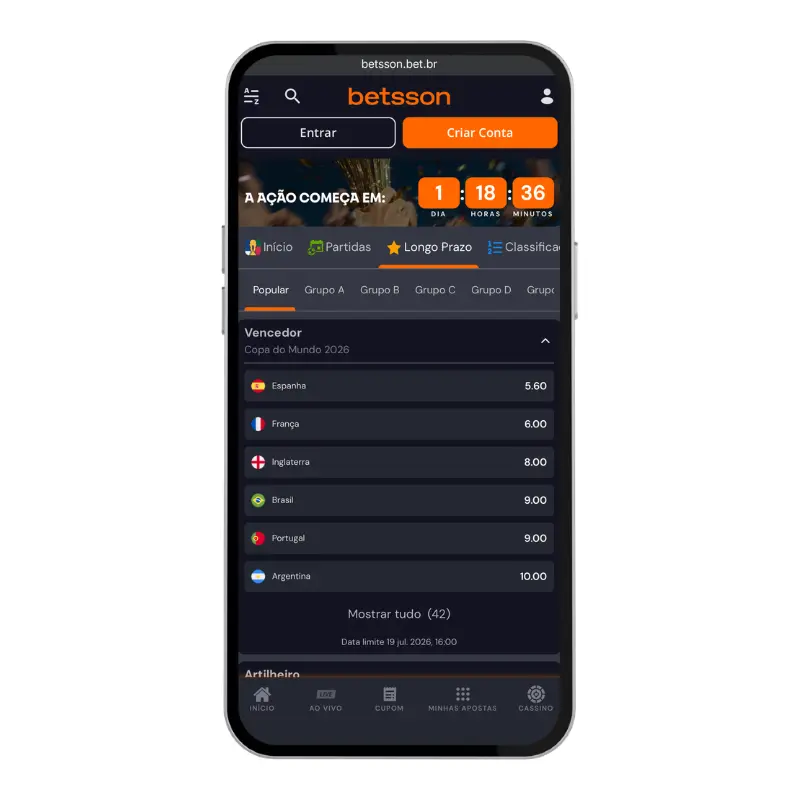 Interface escura com detalhes laranjas do site Betsson em um celular, apresentando um cronômetro regressivo para o torneio e a lista de favoritos para Apostas Copa do Mundo 2026. A Espanha aparece cotada a 5.60 e a França a 6.00.
