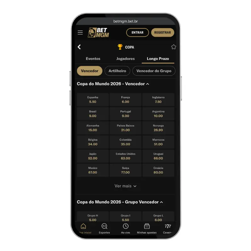 Captura de tela de um smartphone exibindo a interface do site BetMGM com opções de Apostas Copa do Mundo 2026 na categoria de longo prazo. A imagem detalha as odds para o vencedor do torneio, destacando Espanha com 5.50, França com 6.00 e Inglaterra com 7.50.