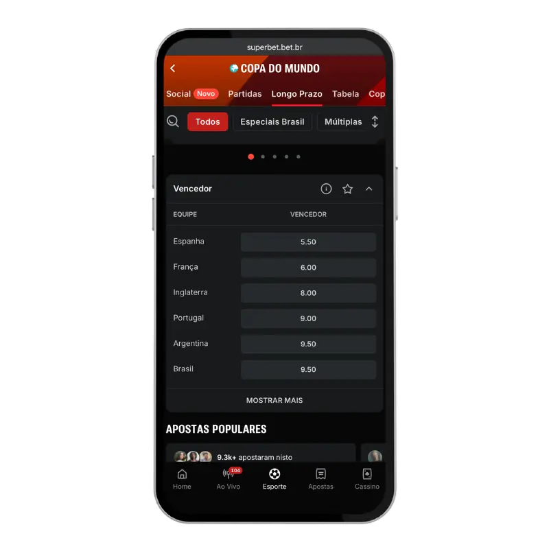 Tela de celular mostrando o aplicativo da Superbet na seção de Apostas Copa do Mundo 2026 para o mercado de vencedor final. A lista exibe as cotações para as principais seleções, incluindo Espanha a 5.50, França a 6.00 e Inglaterra a 8.00.