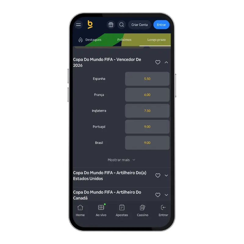 Captura de tela do site móvel Betnacional focado na seção de longo prazo para Apostas Copa do Mundo 2026. O mercado "Vencedor De 2026" mostra botões cinzas com odds amarelas, apontando a Espanha com 5.50 e a França com 6.00.