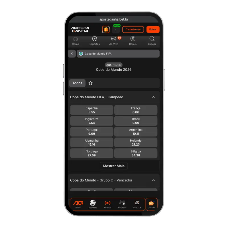 Tela de smartphone exibindo a plataforma Aposta Ganha com cotações para o mercado "Copa do Mundo FIFA - Campeão". O layout apresenta blocos lado a lado para as Apostas Copa do Mundo 2026, com odds detalhadas como Espanha (5.55) e França (6.06).