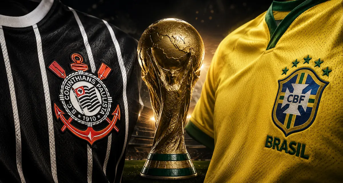 Camisa do Corinthians e camisa da Seleção Brasileira com escudos ao lado do troféu da Copa do Mundo em estádio iluminado.