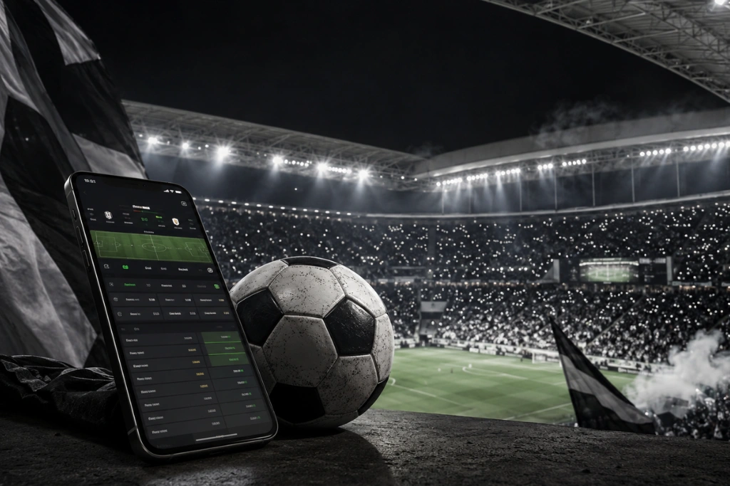 Torcida alvinegra na Neo Química Arena à noite e um celular exibindo interface de aposta de futebol ao vivo ao lado de uma bola.