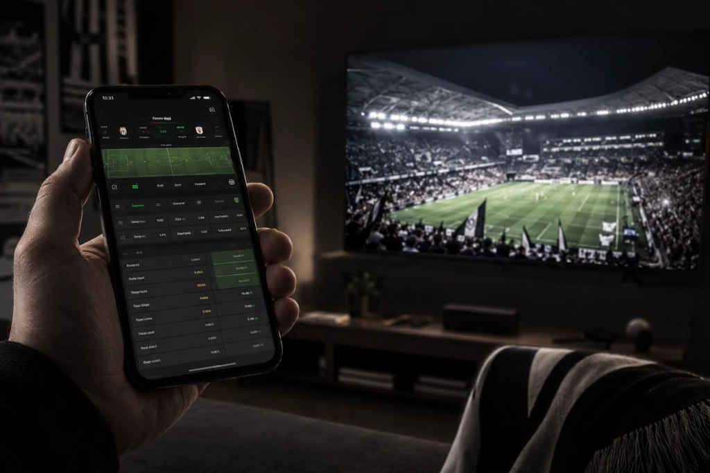 Mão segurando celular com interface de aposta de futebol ao vivo enquanto a Neo Química Arena aparece na TV ao fundo.