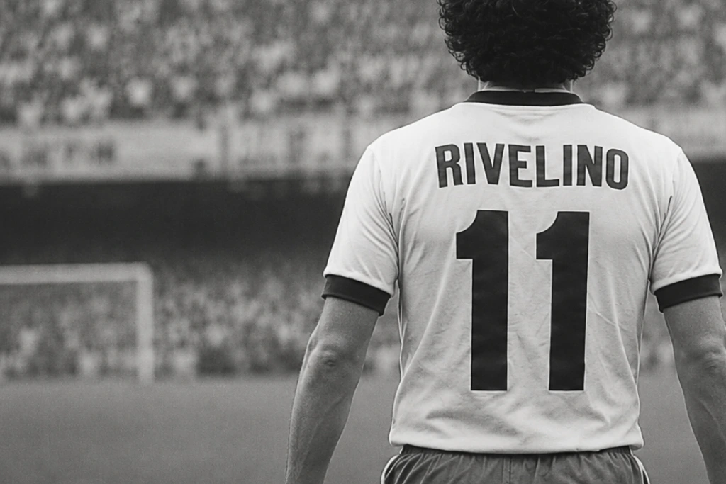 Jogador do Corinthians com melhor desempenho em Copa do Mundo, Roberto Rivellino aparece de costas em campo com a camisa 11 da Seleção Brasileira em imagem histórica em preto e branco.