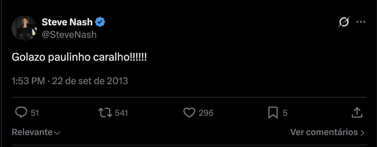 Steve Nash, famoso corintiano, comenta gol do Corinthians no Twitter em 2013.