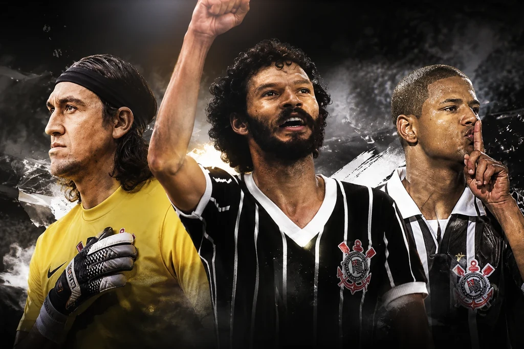 Montagem com três ídolos do Corinthians em destaque: o goleiro Cássio à esquerda, Sócrates ao centro com o braço erguido e Marcelinho Carioca à direita fazendo gesto de silêncio, em cenário escuro de estádio com fumaça e elementos em preto e branco.