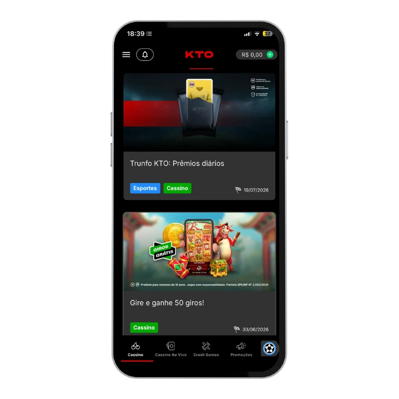 Captura de tela do aplicativo da KTO, que exibe as promoções e bônus disponíveis.