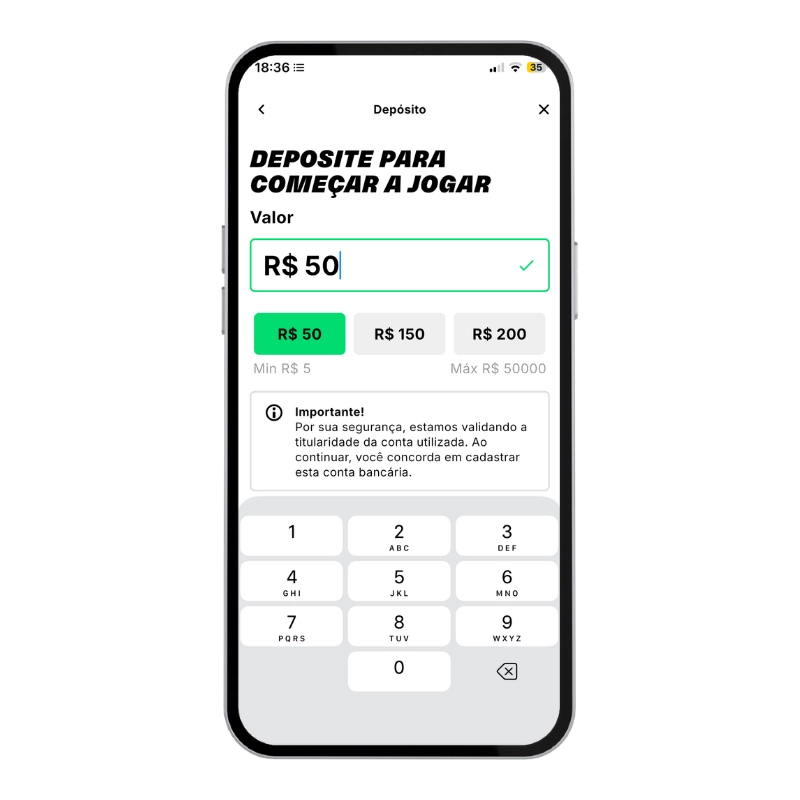 Captura de tela do aplicativo da KTO, que exibe a área de depósito.