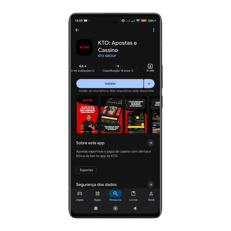 Captura de tela do aplicativo da KTO na Play Store, disponível para Android.