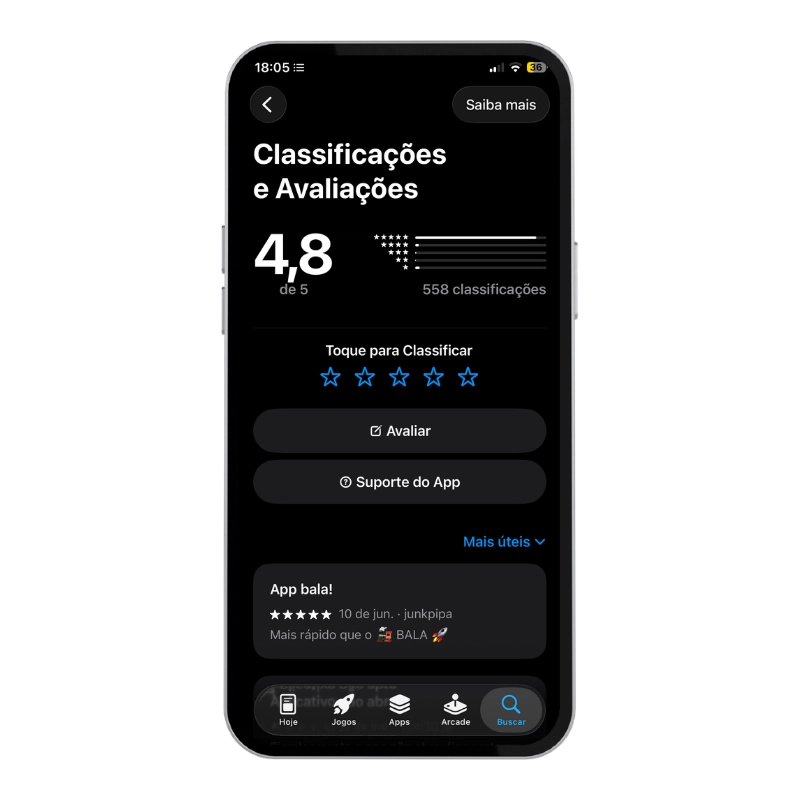 Captura de tela das avaliações de usuários do aplicativo da KTO na Apple Store, com usuário elogiando a rapidez do app.