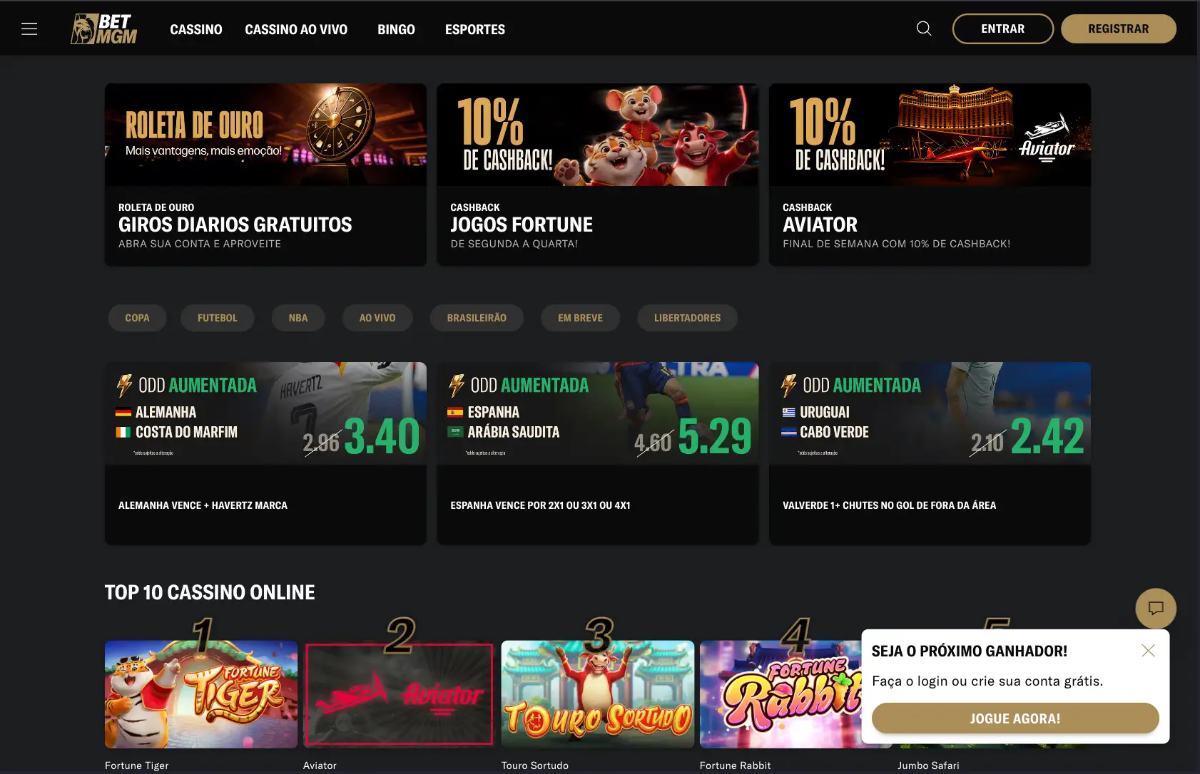 Captura de tela da interface inicial da BetMGM.