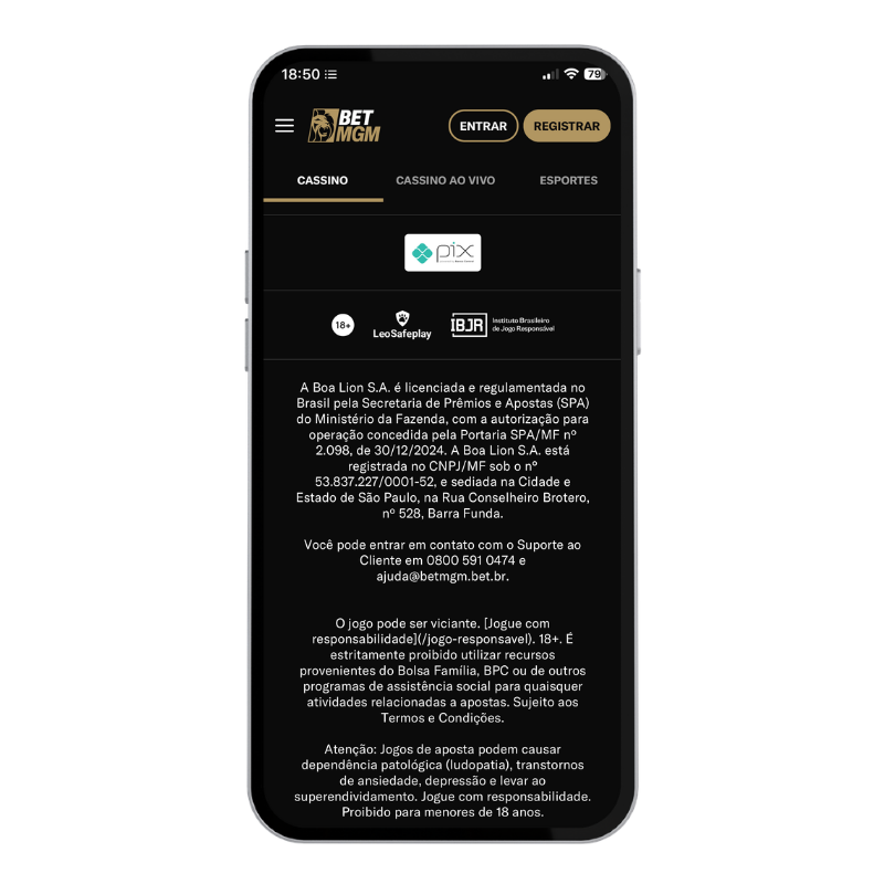 Captura de tela que exibe o registro e licenciamento da BetMGM no Brasil, o que ajuda a responder se a BetMGM é confiável.
