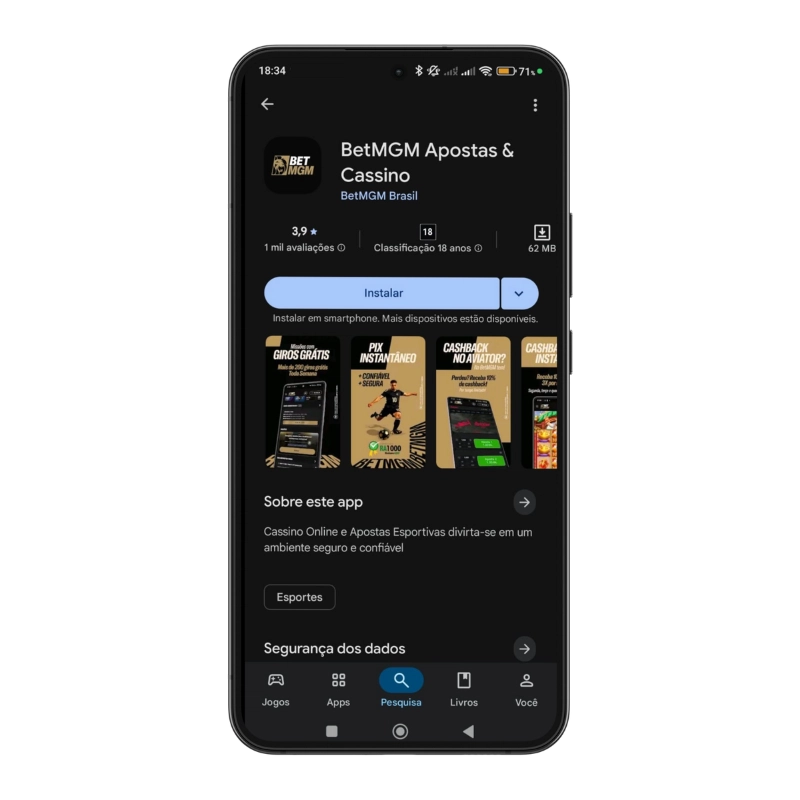 BetMGM é confiável, com app disponível para Android na Play Store.