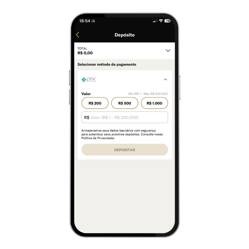 Captura de tela da versão mobile da BetMGM, que exibe a área de depósito.